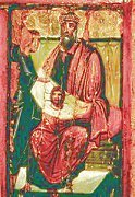 Esta imagen del Siglo X muestra a Abgaro de Edesa exhibiendo la Imagen de Edesa. La pieza oblonga que aquí se muestra es poco habitual en ilustraciones de la imagen, lo que lleva a pensar que el artista tuvo que haber visto la Sábana.